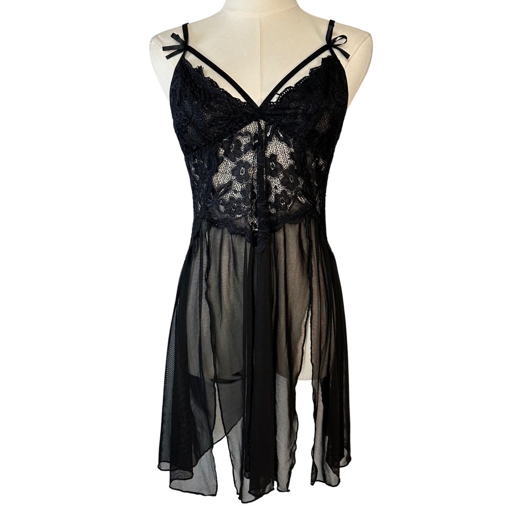 Women Babydoll Chemise Floral Lace Sheer Mesh Black High Low Whimsigoth Coquette